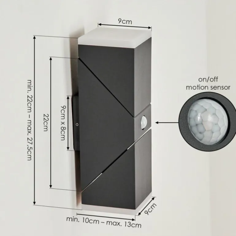 Applique murale d'extérieur Toogong LED Anthracite, 2 lumières, Détecteur de mouvement