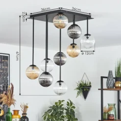 Chehalis Plafonnier, Boule lumineuse Ambre, Clair, Fumé, 9 lumières