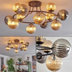 Chehalis Plafonnier, Boule lumineuse Ambre, Fumé, 12 lumières