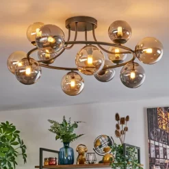 Chehalis Plafonnier, Boule lumineuse 76 cm Ambre, Fumé, 12 lumières
