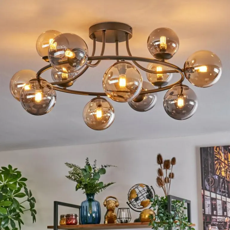 Chehalis Plafonnier, Boule lumineuse 76 cm Ambre, Fumé, 12 lumières