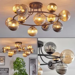 Chehalis Plafonnier, Boule lumineuse 76 cm Ambre, Fumé, 12 lumières