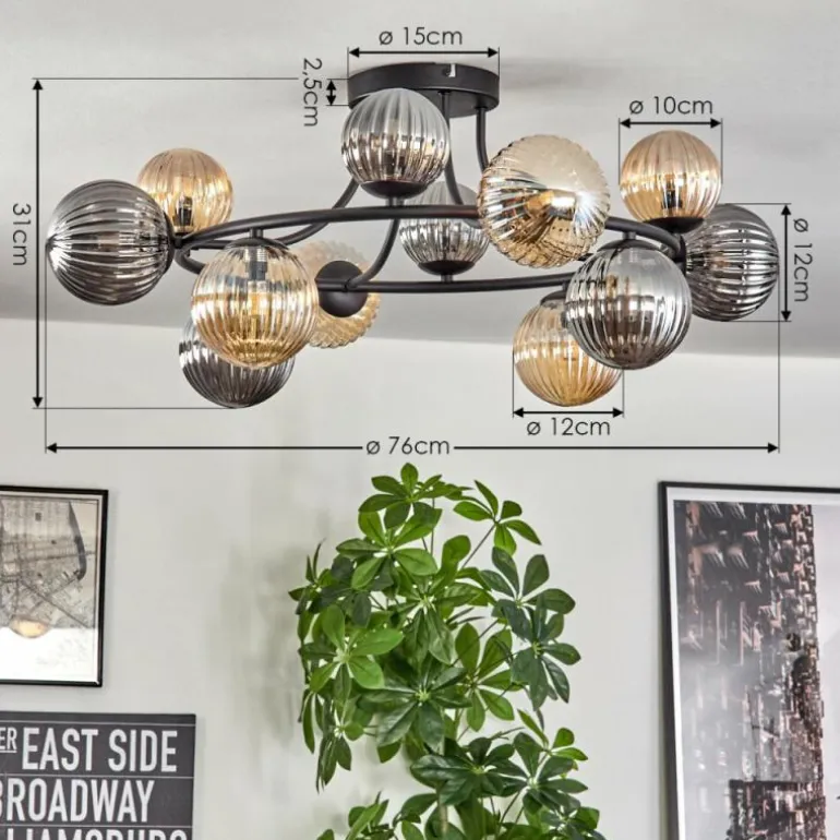 Chehalis Plafonnier, Boule lumineuse 76 cm Ambre, Fumé, 12 lumières