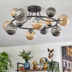 Chehalis Plafonnier, Boule lumineuse 76 cm Ambre, Fumé, 12 lumières