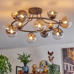 Chehalis Plafonnier, Boule lumineuse 76 cm Ambre, Clair, Fumé, 12 lumières