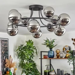 Chehalis Plafonnier, Boule lumineuse 76 cm Chrome, Fumé, 12 lumières