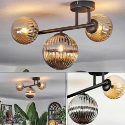 Chehalis Plafonnier, Boule lumineuse Ambre, Fumé, 3 lumières