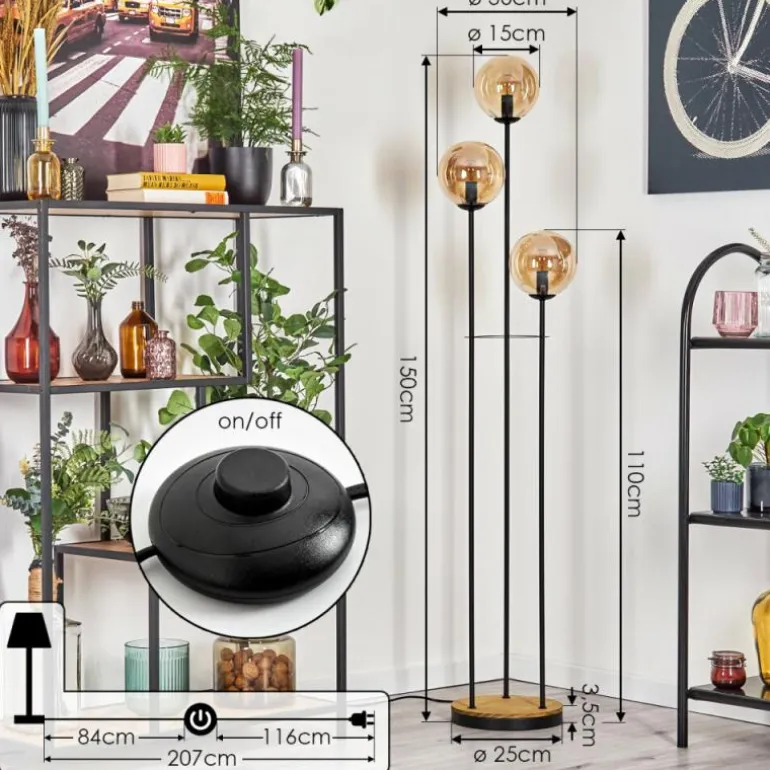 Gastor Lampadaire 30 cm Bois foncé, Noir, 3 lumières