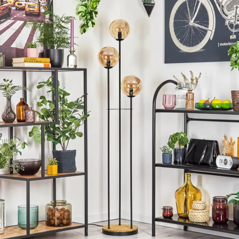 Gastor Lampadaire 30 cm Bois foncé, Noir, 3 lumières