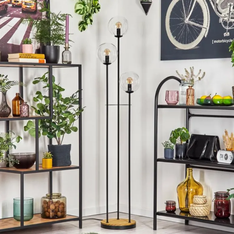 Gastor Lampadaire 30 cm Bois foncé, Noir, 3 lumières