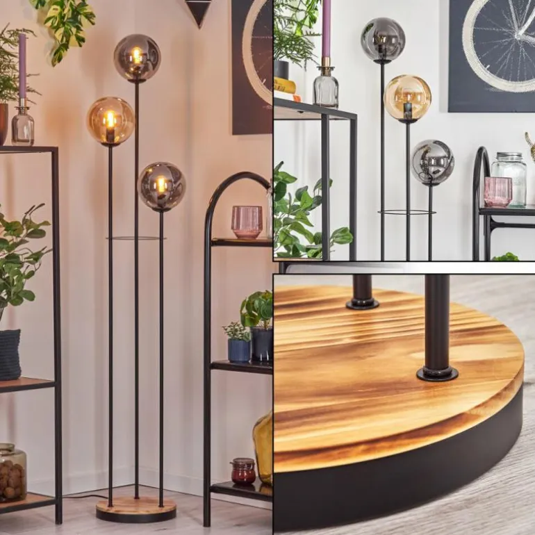 Gastor Lampadaire 25 cm Bois clair, Noir, 3 lumières