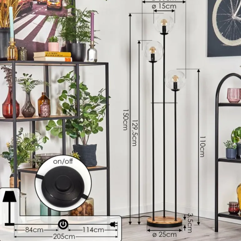 Gastor Lampadaire 30 cm Bois clair, Noir, 3 lumières