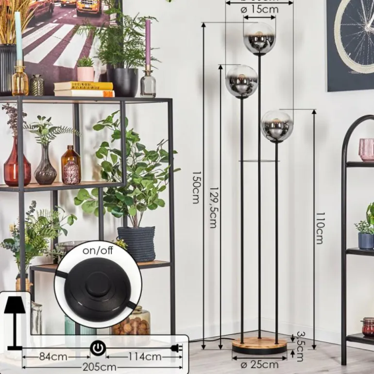 Gastor Lampadaire 30 cm Bois clair, Noir, 3 lumières