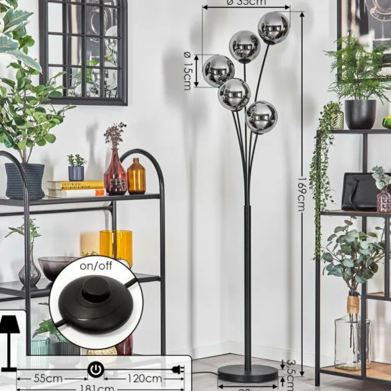 Gastor Lampadaire Chrome, Fumé, 5 lumières