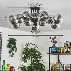 Gastor Plafonnier 91 cm Chrome, Clair, Fumé, 12 lumières