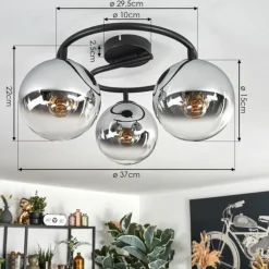 Gastor Plafonnier, Boule lumineuse 37 cm Chrome, Clair, Fumé, 3 lumières