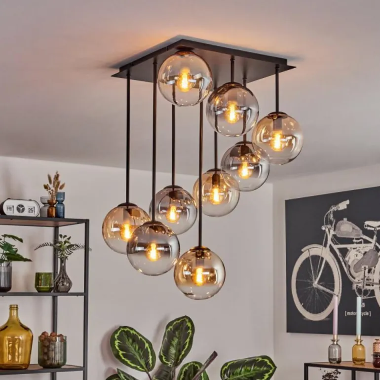 Gastor Plafonnier, Boule lumineuse Ambre, Clair, Fumé, 9 lumières