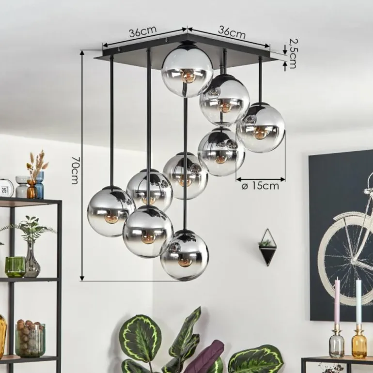 Gastor Plafonnier, Boule lumineuse Chrome, Clair, Fumé, 9 lumières