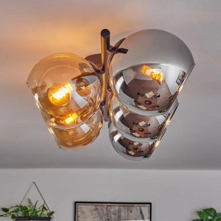 Gastor Plafonnier, Boule lumineuse Ambre, Chrome, Fumé, 5 lumières