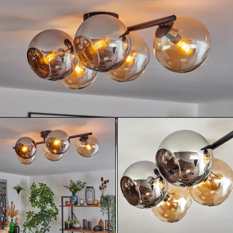 Gastor Plafonnier, Boule lumineuse Ambre, Chrome, Fumé, 5 lumières