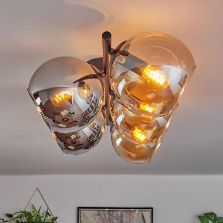Gastor Plafonnier, Boule lumineuse Ambre, Chrome, Fumé, 5 lumières