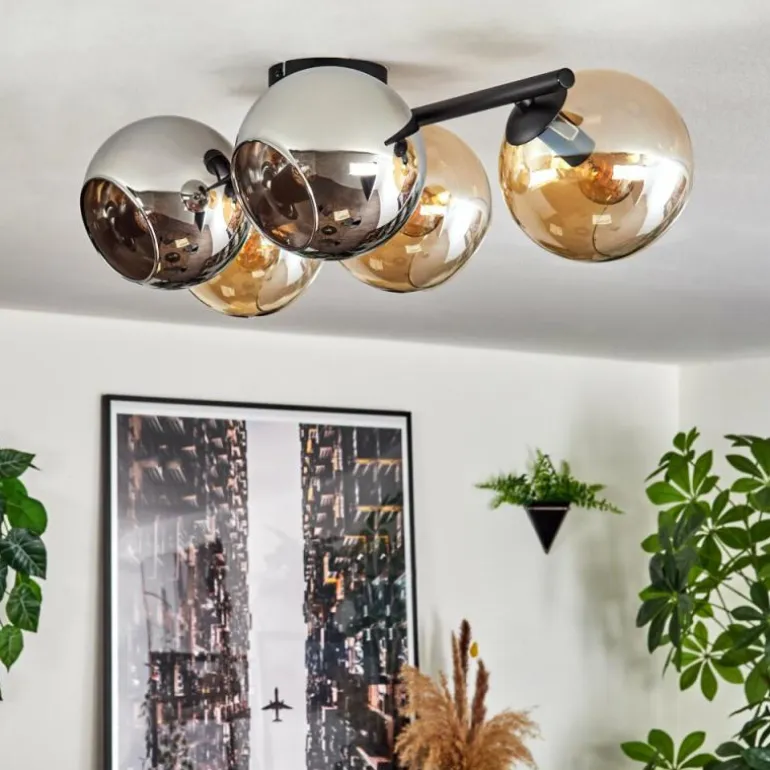 Gastor Plafonnier, Boule lumineuse Ambre, Chrome, Fumé, 5 lumières