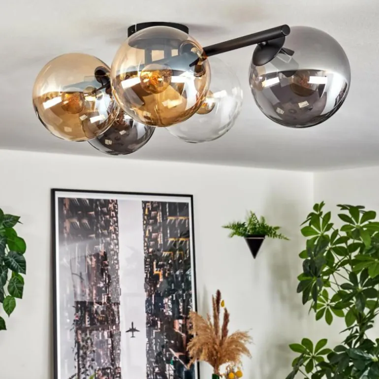 Gastor Plafonnier, Boule lumineuse Ambre, Clair, Fumé, 5 lumières