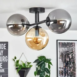 Gastor Plafonnier, Boule lumineuse Ambre, Fumé, 3 lumières