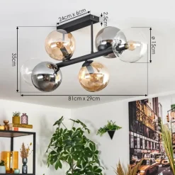 Gastor Plafonnier, Boule lumineuse Ambre, Clair, Fumé, 6 lumières