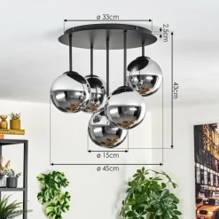 Gastor Plafonnier, Boule lumineuse 45 cm Chrome, Fumé, 5 lumières