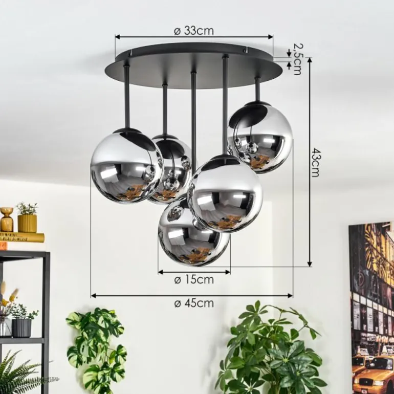 Gastor Plafonnier, Boule lumineuse 45 cm Chrome, Fumé, 5 lumières