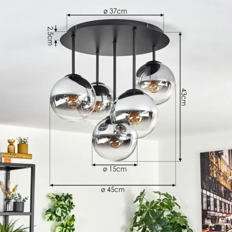 Gastor Plafonnier, Boule lumineuse 45 cm Chrome, Clair, Fumé, 5 lumières
