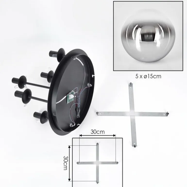 Gastor Plafonnier, Boule lumineuse 45 cm Chrome, Clair, Fumé, 5 lumières
