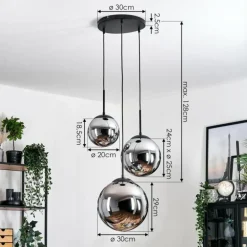 Gastor Suspension, Boule lumineuse Chrome, Fumé, 3 lumières