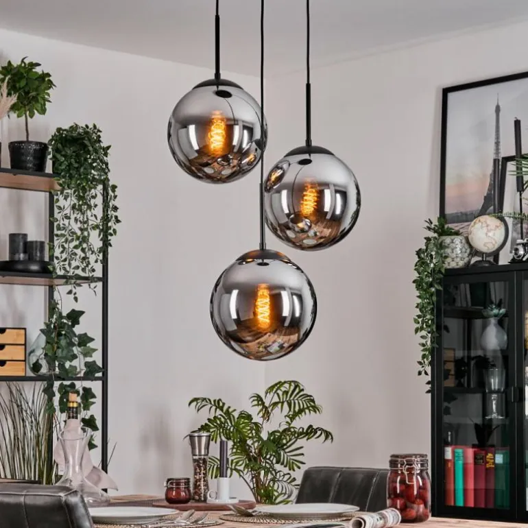 Gastor Suspension, Boule lumineuse 30 cm Chrome, Fumé, 3 lumières