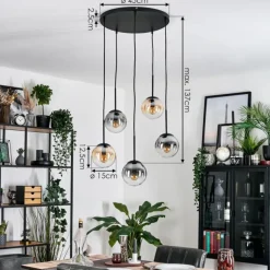 Gastor Suspension, Boule lumineuse, Suspension Ambre, Clair, Fumé, 5 lumières