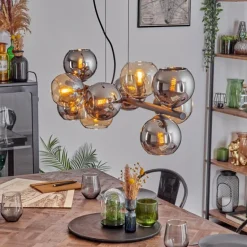Gastor Suspension, Boule lumineuse, Suspension Ambre, Chrome, Fumé, 10 lumières