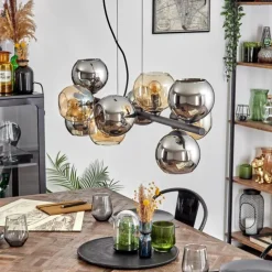 Gastor Suspension, Boule lumineuse, Suspension Ambre, Chrome, Fumé, 10 lumières