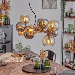 Gastor Suspension, Boule lumineuse, Suspension Ambre, Chrome, Fumé, 10 lumières