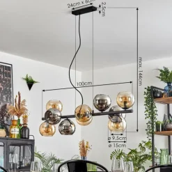 Gastor Suspension, Boule lumineuse, Suspension Ambre, Chrome, Fumé, 10 lumières
