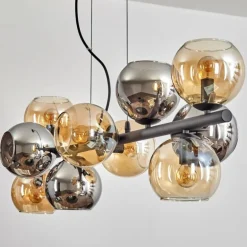 Gastor Suspension, Boule lumineuse, Suspension Ambre, Chrome, Fumé, 10 lumières