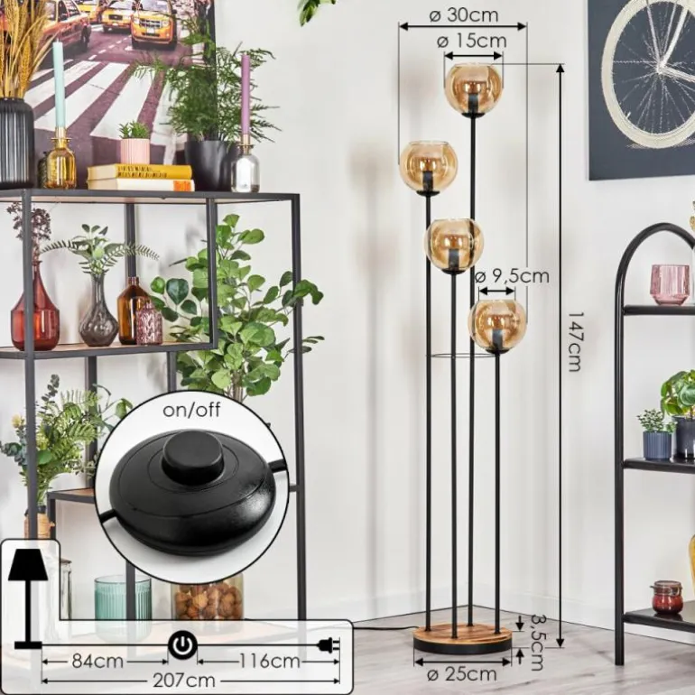 Koyoto Lampadaire 30 cm Bois clair, Noir, 4 lumières