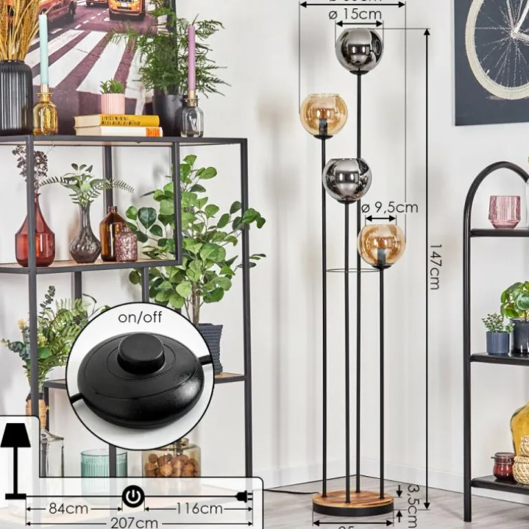 Koyoto Lampadaire 30 cm Bois clair, Noir, 4 lumières