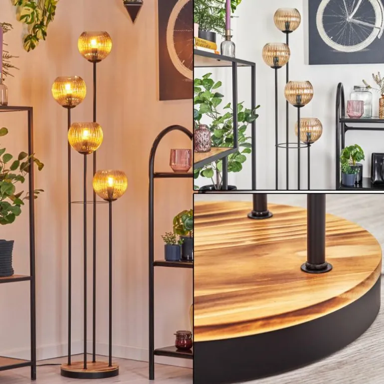 Koyoto Lampadaire 30 cm Bois clair, Noir, 4 lumières