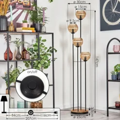 Koyoto Lampadaire 30 cm Bois clair, Noir, 4 lumières