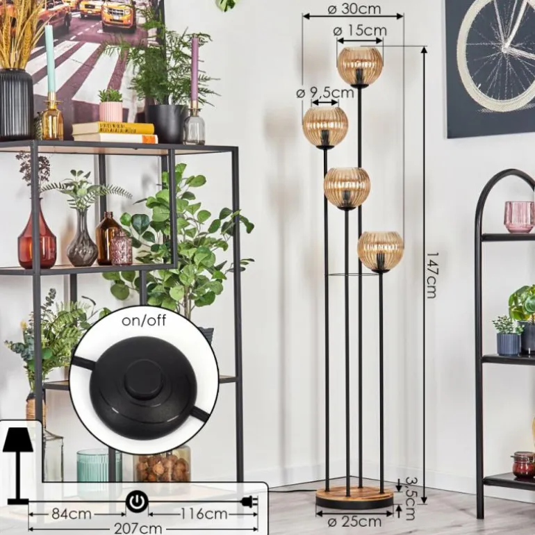 Koyoto Lampadaire 30 cm Bois clair, Noir, 4 lumières