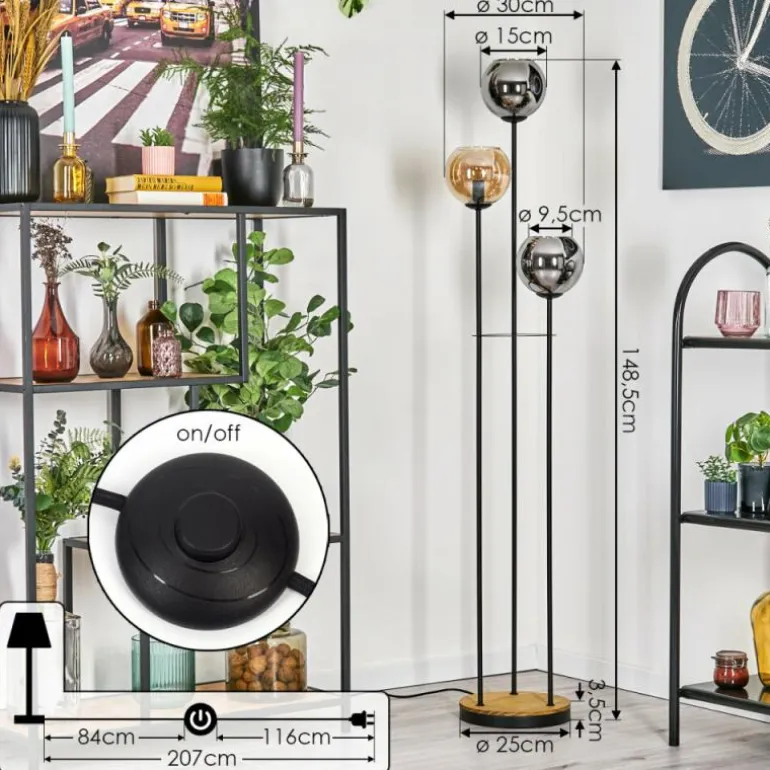 Koyoto Lampadaire 30 cm Bois foncé, Noir, 3 lumières
