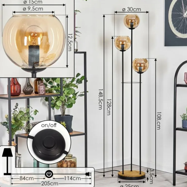 Koyoto Lampadaire 30 cm Bois foncé, Noir, 3 lumières