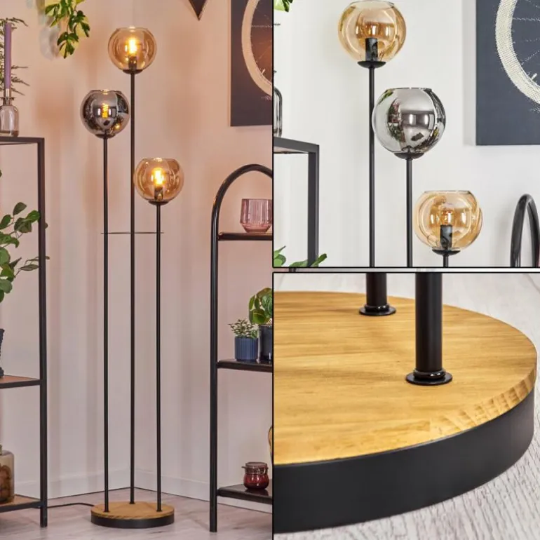 Koyoto Lampadaire 30 cm Bois foncé, Noir, 3 lumières