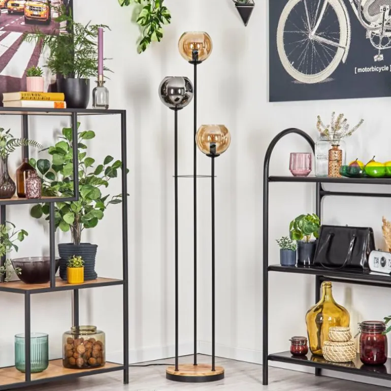 Koyoto Lampadaire 25 cm Bois clair, Noir, 3 lumières